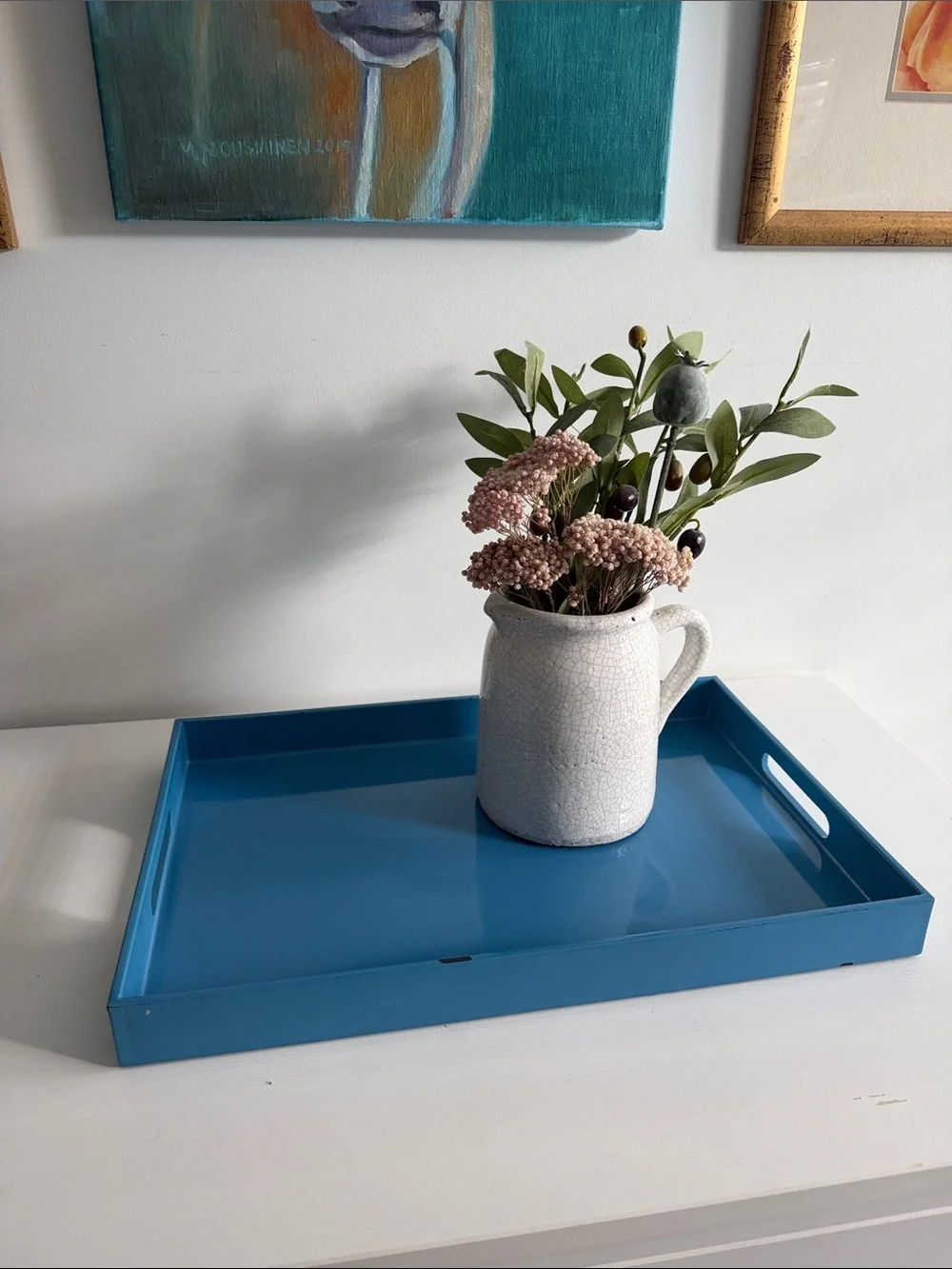 Pottery Barn Blue Lacquer Decorative Coffee Table Ottoman Rectangular Tray